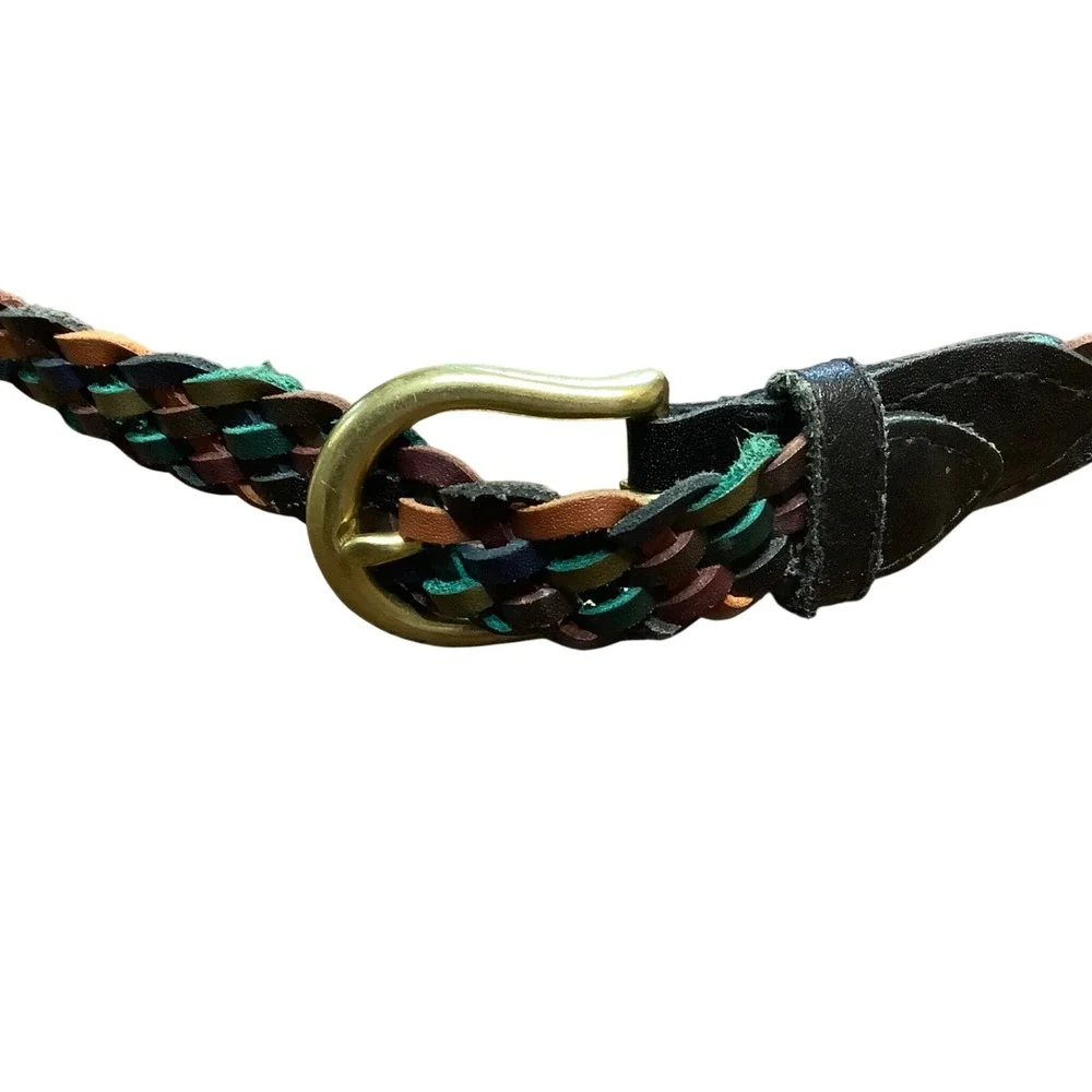Vtg Multicolor Braided Leather Belt Women Small‎ Brass Buckle Woven Adjustable